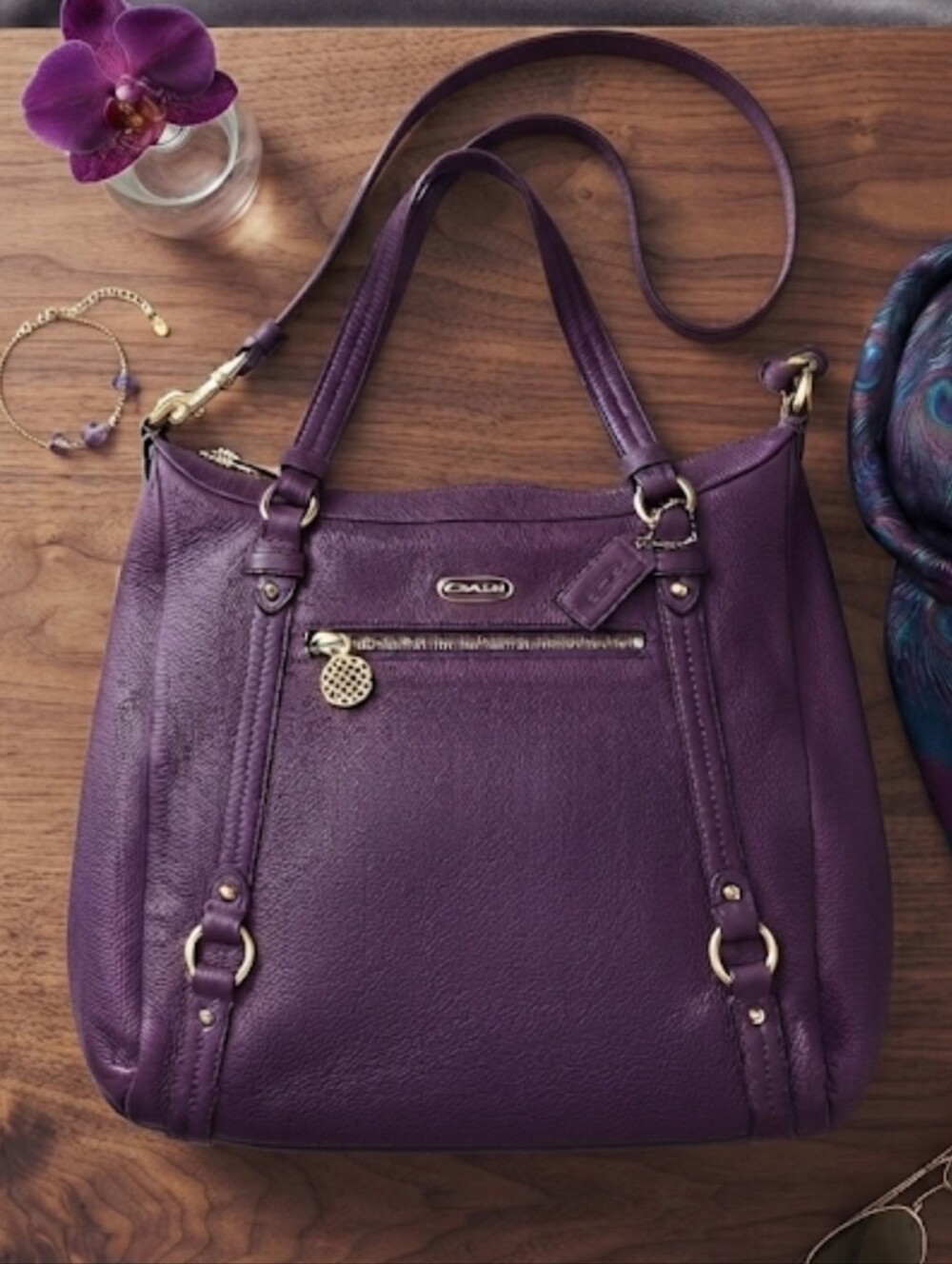 Coach Alexandra Convertible Purple Pebble Leather Tote Bag
